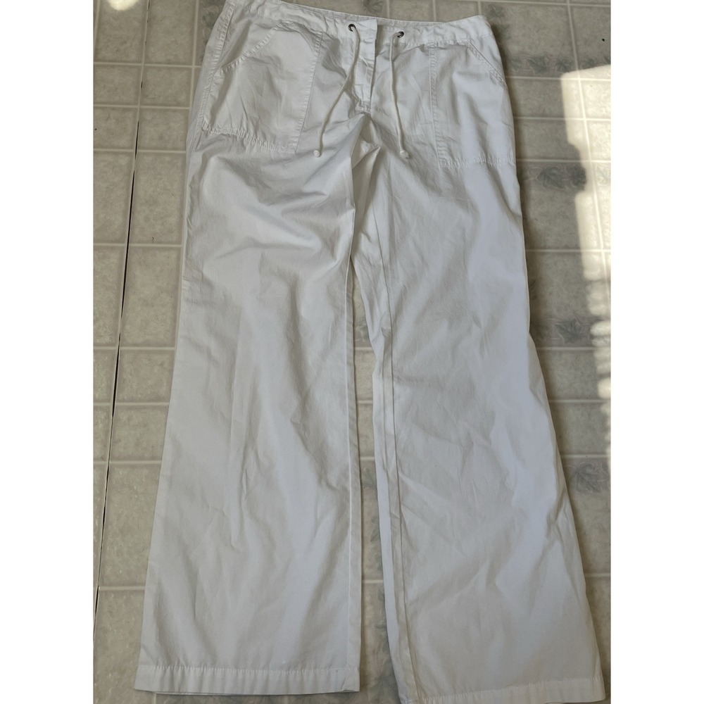 London Jean Chino White 100% Cotton Pants Drawstring Flap Pocket wide leg Size 8